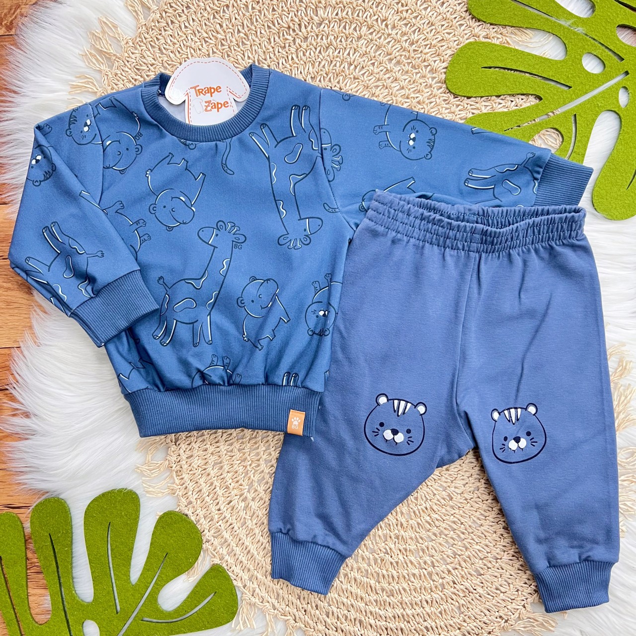  Conj. Casaco Safari e Calça Tigrinhos de Moletom - Azul Jeans